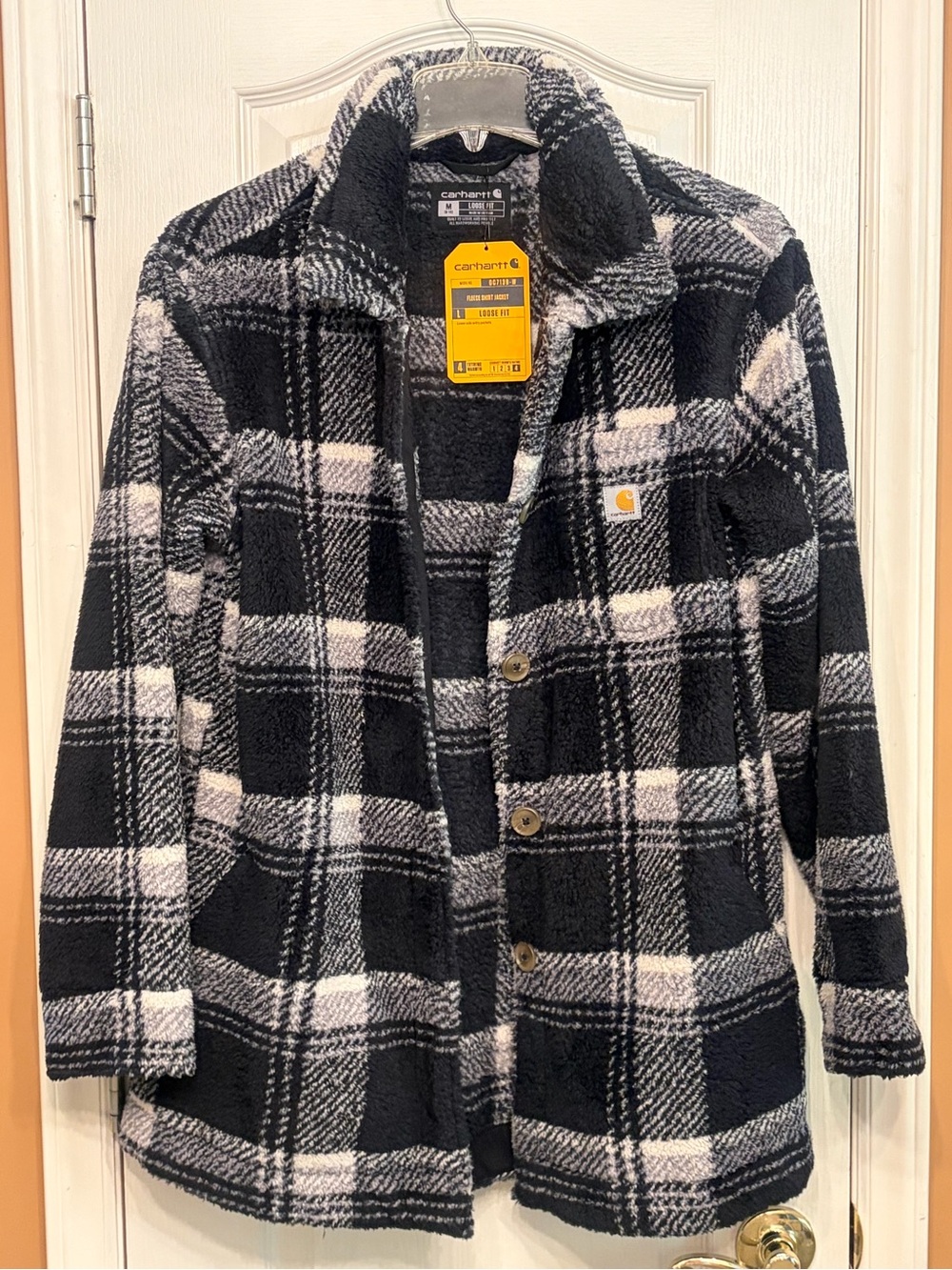 Carhartt Women's Loose Fit Fleece Shirt Jacket in Black Buffalo Plaid (M) NEW